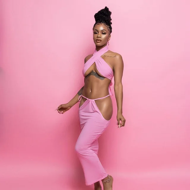 Half length Skirt, Halter Neck, Cross slimming Skirt Suit Pink - Shop at LoveMi