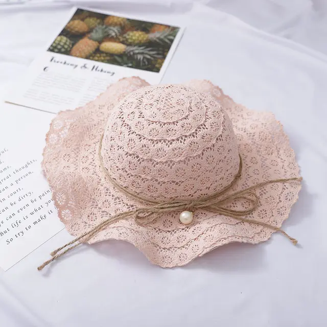 Wave Edge Cotton Yarn Pearl Sunscreen Princess Hat Children Beach Hat Pink - Shop at LoveMi