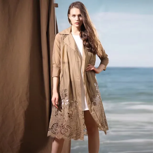 Summer New Mid length Large Size Retro Thin Embroidery Hollow Women's Long sleeved Windbreaker Khaki - Shop at LoveMi