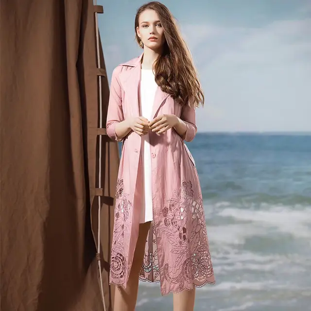 Summer New Mid length Large Size Retro Thin Embroidery Hollow Women's Long sleeved Windbreaker Pink - Shop at LoveMi