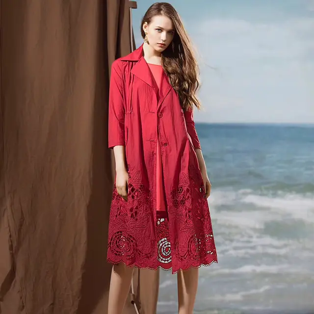 Summer New Mid length Large Size Retro Thin Embroidery Hollow Women's Long sleeved Windbreaker Red - Shop at LoveMi