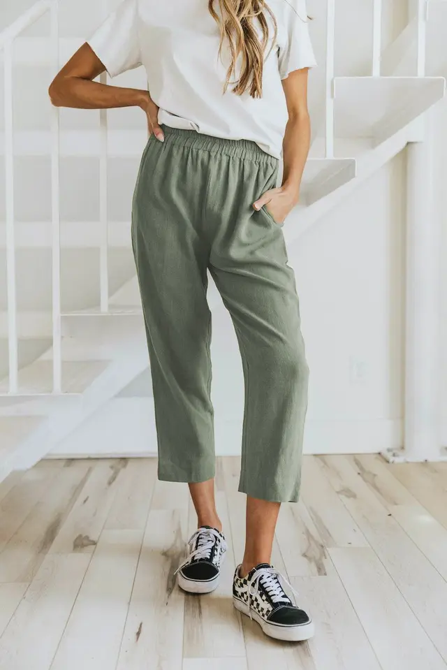 Solid Color Casual Elasticated High waist Cropped Trousers Army Green - Shop at LoveMi