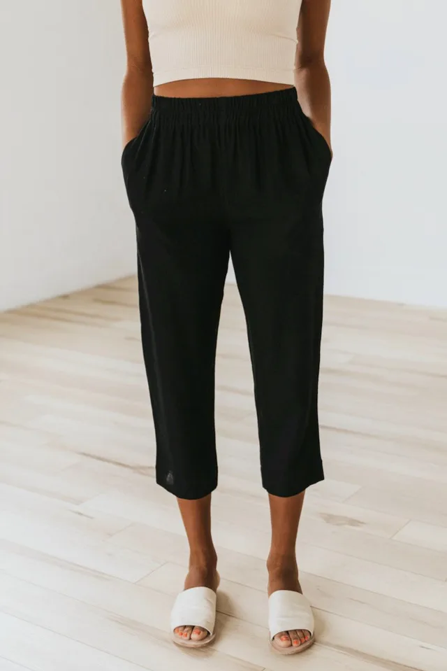 Solid Color Casual Elasticated High waist Cropped Trousers Black - Shop at LoveMi
