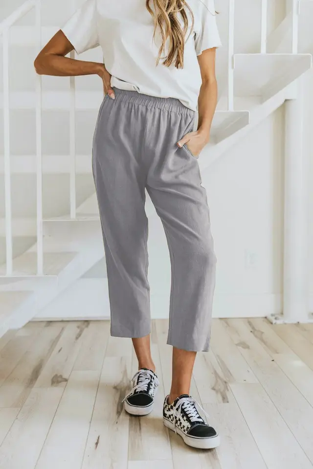 Solid Color Casual Elasticated High waist Cropped Trousers Grey - Shop at LoveMi