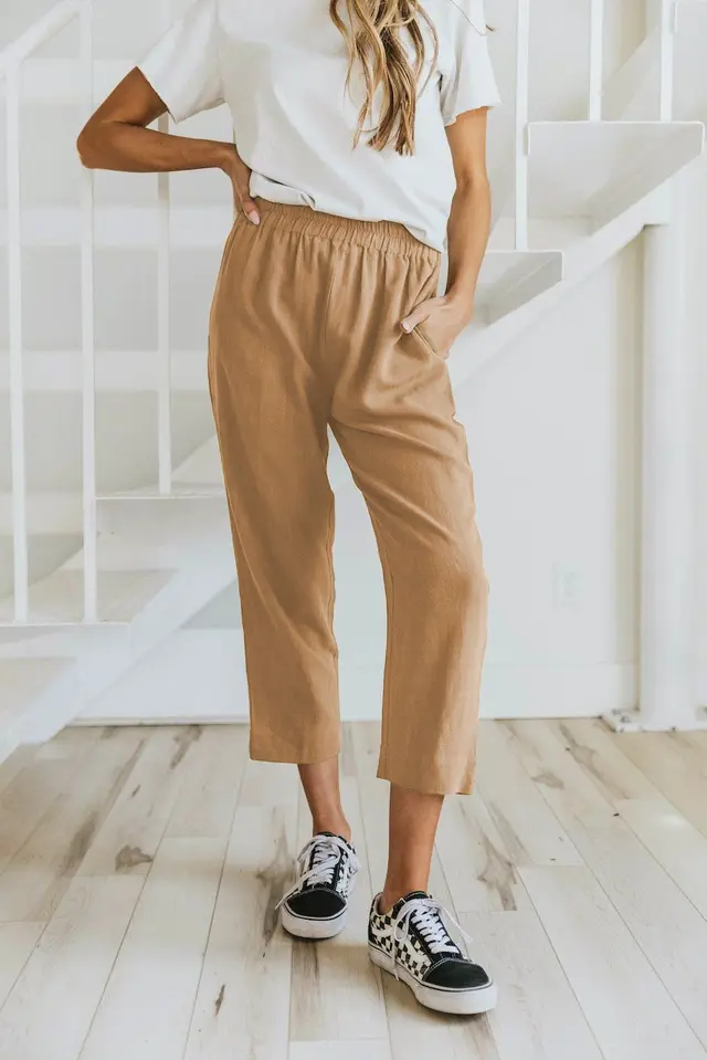 Solid Color Casual Elasticated High waist Cropped Trousers Khaki - Shop at LoveMi