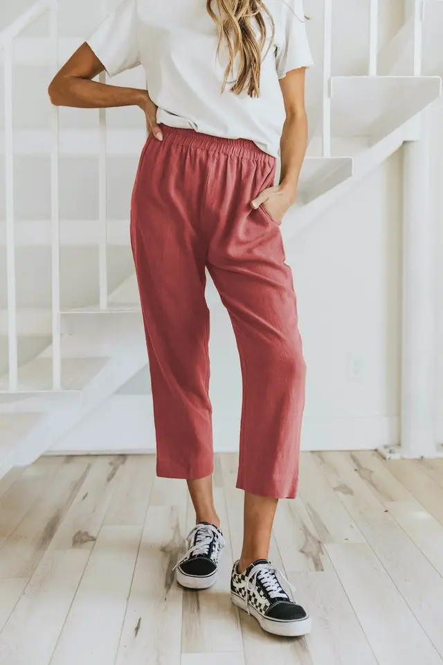 Solid Color Casual Elasticated High waist Cropped Trousers Red - Shop at LoveMi