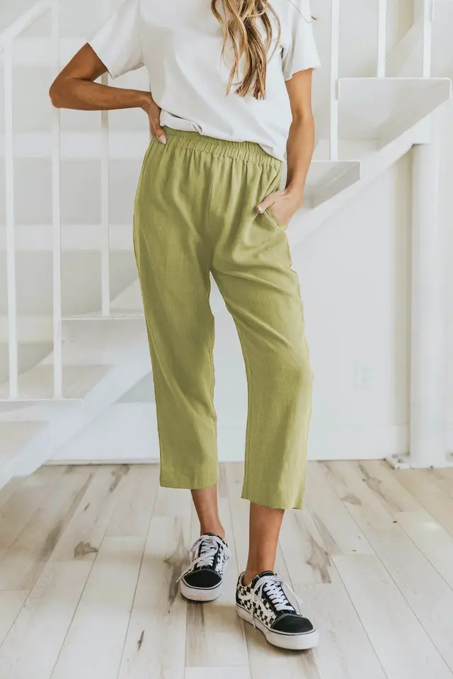 Solid Color Casual Elasticated High waist Cropped Trousers Yellow Green - Shop at LoveMi