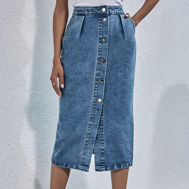 High waisted Single breasted Denim Skirt Blue - Shop at LoveMi