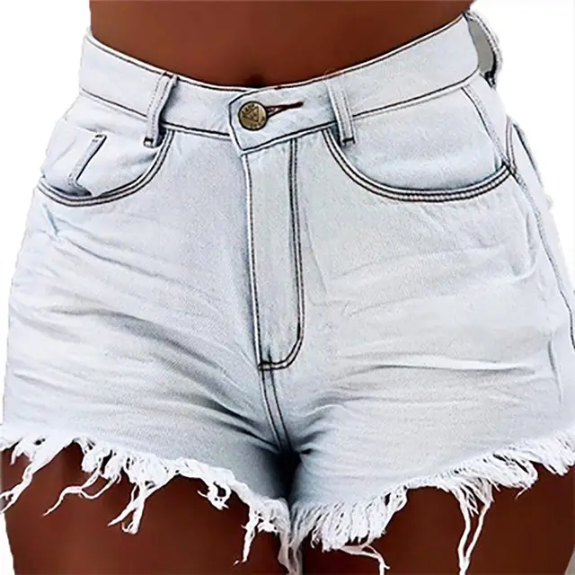 Mid Rise Ripped Fringe Denim Shorts Light Blue - Shop at LoveMi
