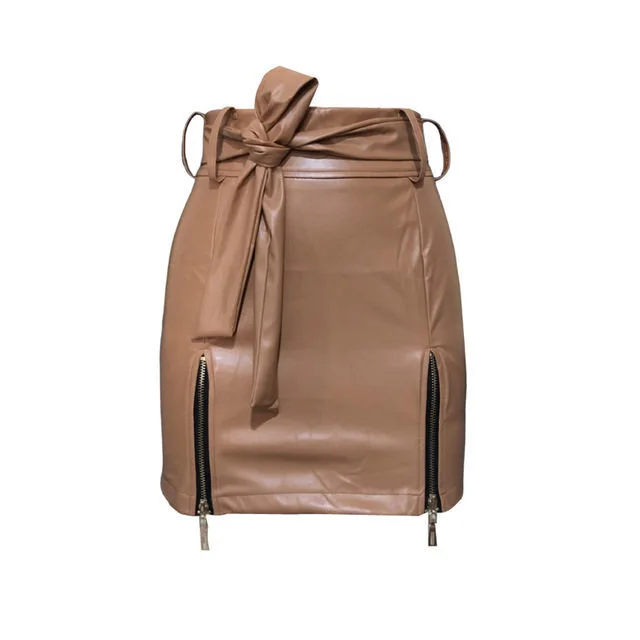 Women Bandage PU Leather Ladies Short Mini Skirts Khaki - Shop at LoveMi