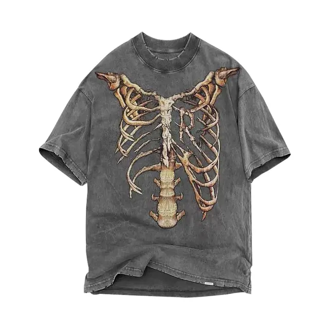 Skeleton Destruction, Washed And Worn, Trendy Loose Tide Brand High Street Short Sleeves Grey - Shop at LoveMi