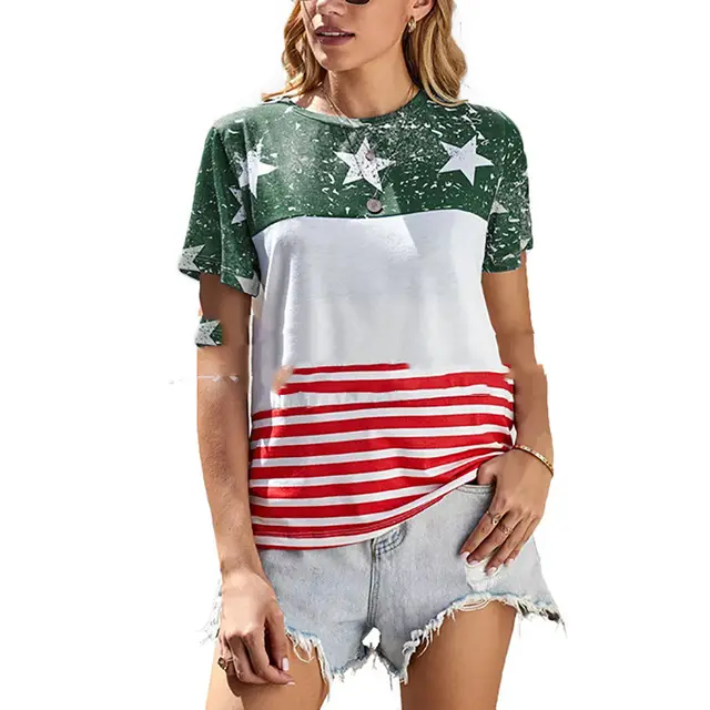 Summer T Shirt Women Fashion Summer Printing Easy Leisure Striped Shirt With Short Sleeves Green - Shop at LoveMi