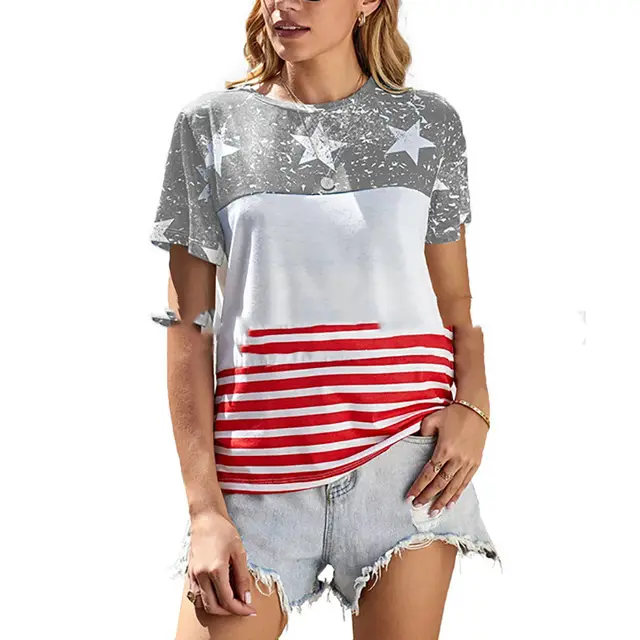 Summer T Shirt Women Fashion Summer Printing Easy Leisure Striped Shirt With Short Sleeves Grey - Shop at LoveMi