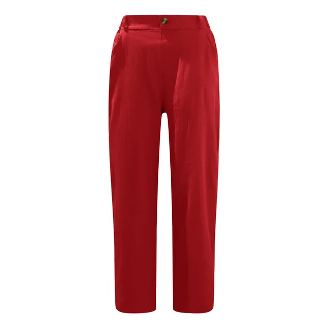 Patchwork Pant Women's Cotton Linen Pants Drawstring Back Elastic Waist Pants Loose Casual Trousers Red 2 - Shop at LoveMi