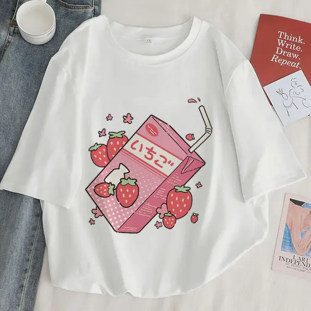 White Cotton T Short sleeved T shirt Women's Summer Drink Printing Loose White - Shop at LoveMi