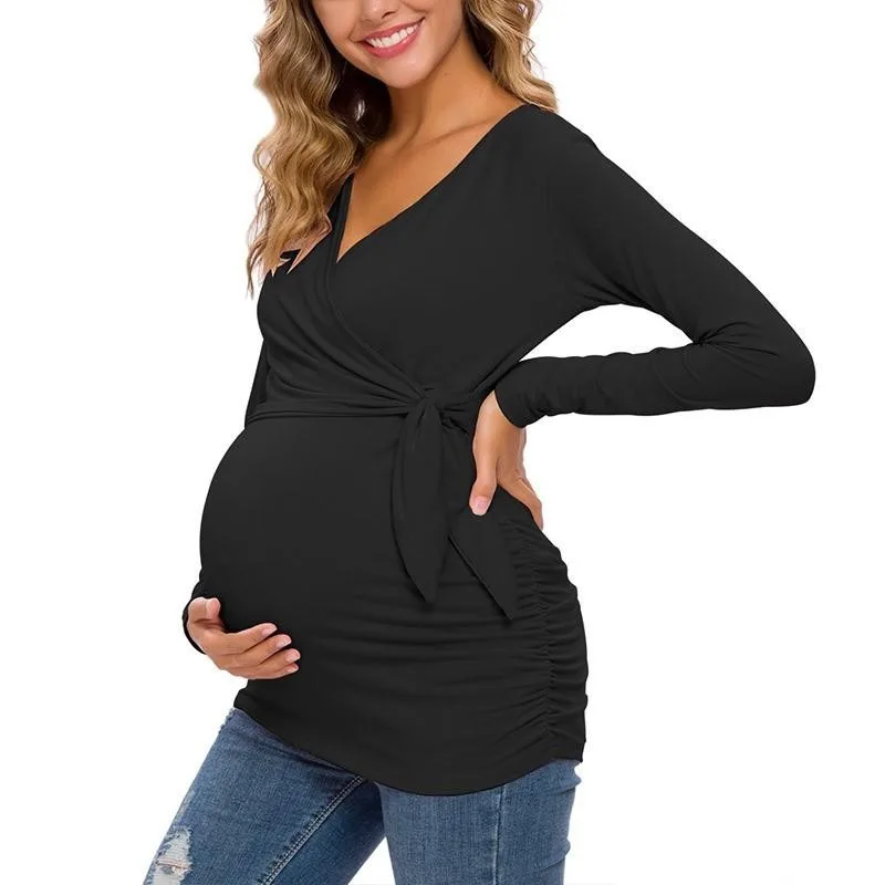 Long Sleeve V Neck Maternity Blouses And Tops For Pregnan - Black A