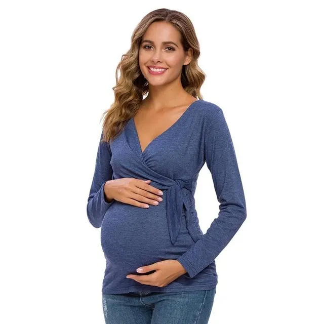 Long Sleeve V Neck Maternity Blouses And Tops For Pregnan Navy Blueb - Shop at LoveMi