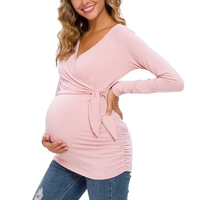 Long Sleeve V Neck Maternity Blouses And Tops For Pregnan Pink B - Shop at LoveMi