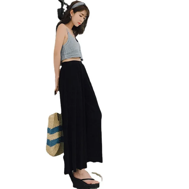Nine Points Ice Silk Wide leg Pants Chiffon Outer Wear Fashionable Pants Black - Shop at LoveMi