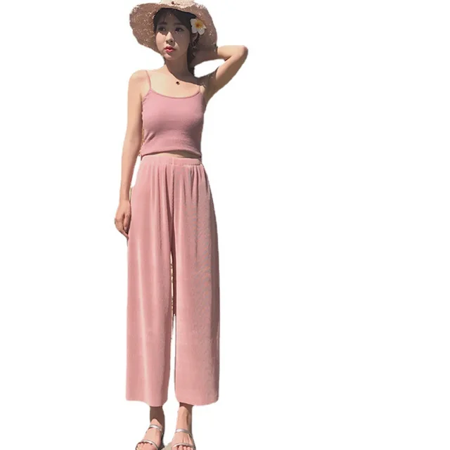 Nine Points Ice Silk Wide leg Pants Chiffon Outer Wear Fashionable Pants Pink - Shop at LoveMi