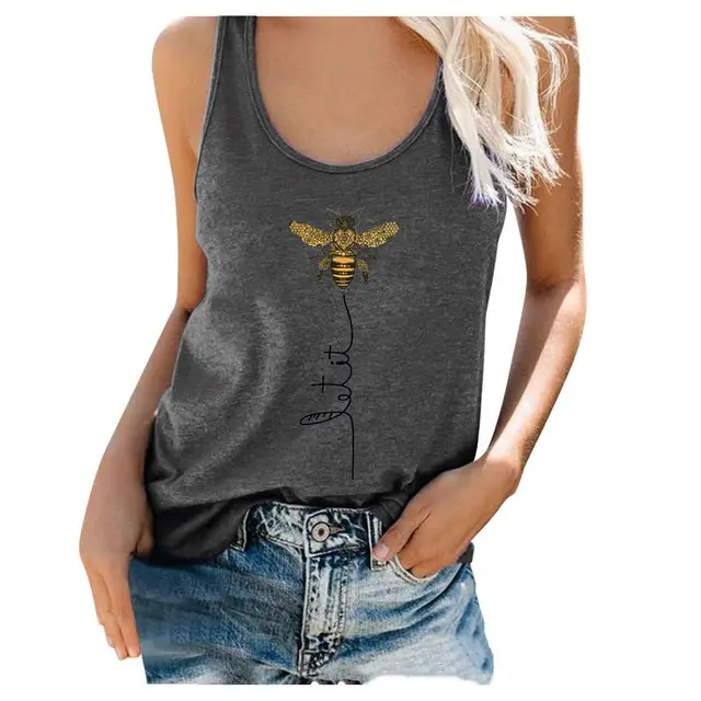 New Solid Color Stitching Printed Little Bee Sleeveless T Shirt Women Grey - Shop at LoveMi