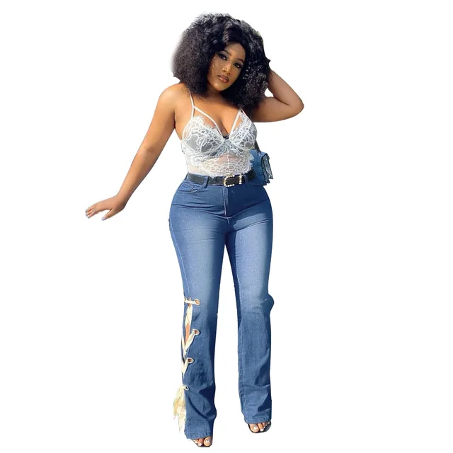 Solid Color Jeans Lace Up Bootcut Trousers Blue - Shop at LoveMi
