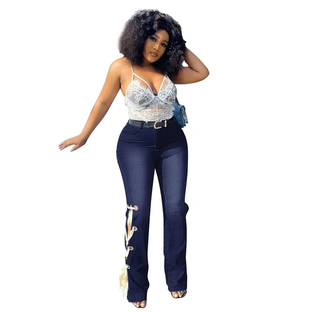 Solid Color Jeans Lace Up Bootcut Trousers Navy Blue - Shop at LoveMi