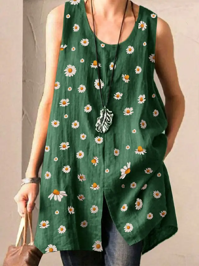 Daisy Print Round Neck Sleeveless Split Large Size Ladies T Shirt Top Green - Shop at LoveMi