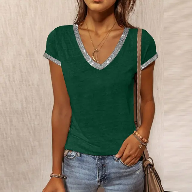 Women's Summer V Neck Contrast Color Slim Short Sleeved T Shirt Green - Shop at LoveMi