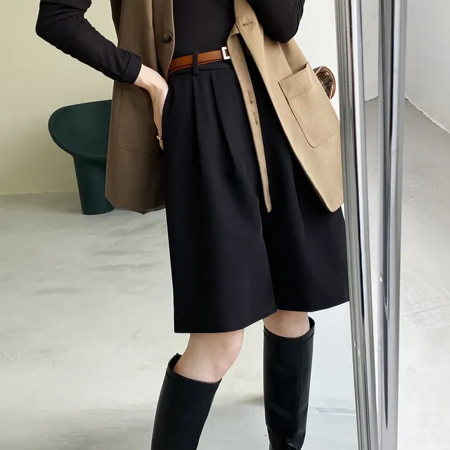A line Five point Pants Women's Straight Suit Wide leg Pants Black - Shop at LoveMi