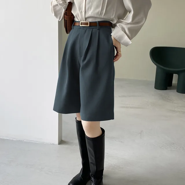 A line Five point Pants Women's Straight Suit Wide leg Pants Green - Shop at LoveMi