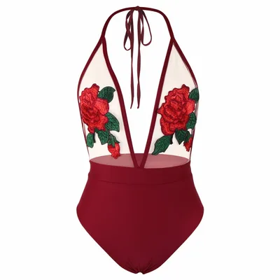 Embroidered Halter Sexy Lingerie Siamese Bikini Red - Shop at LoveMi