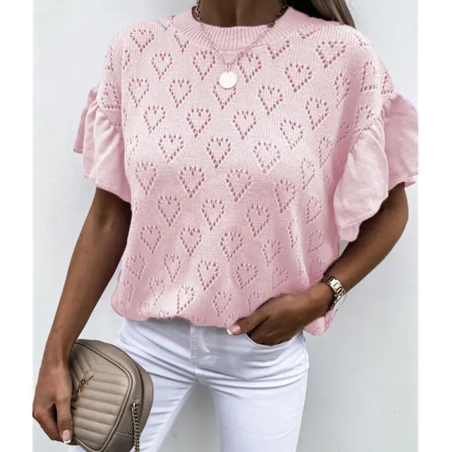 Solid Color Heart shaped Cutout Petal sleeved Knit Short sleeved Sweater Top Pink - Shop at LoveMi