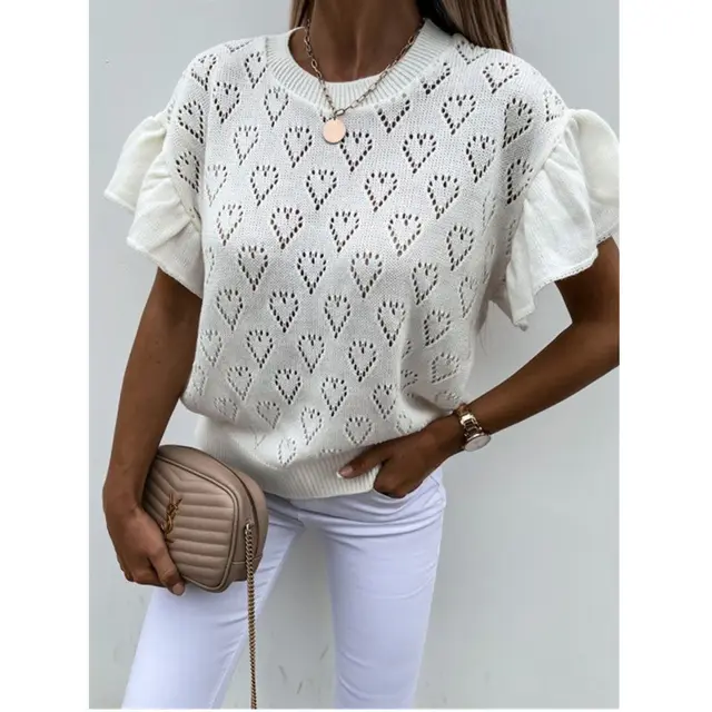Solid Color Heart shaped Cutout Petal sleeved Knit Short sleeved Sweater Top White - Shop at LoveMi