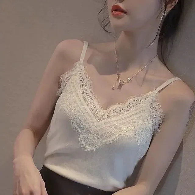 Women's V neck Stitching Lace Camisole White - Shop at LoveMi