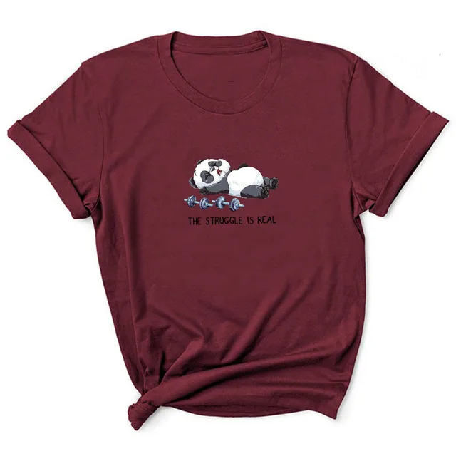 Summer Fashion European And American Personality Dumbbell Print Short sleeved T shirt Through Wine Red - Shop at LoveMi