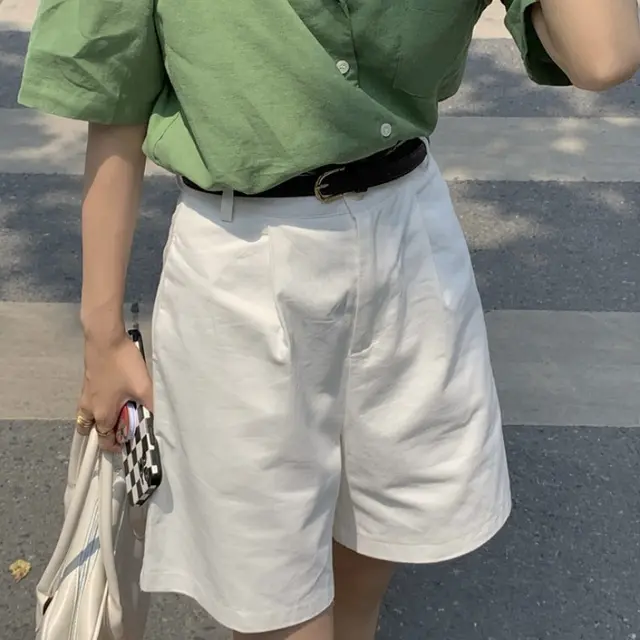 Cargo Shorts Wide Leg High Waist Straight Five point Suit Pants White - Shop at LoveMi