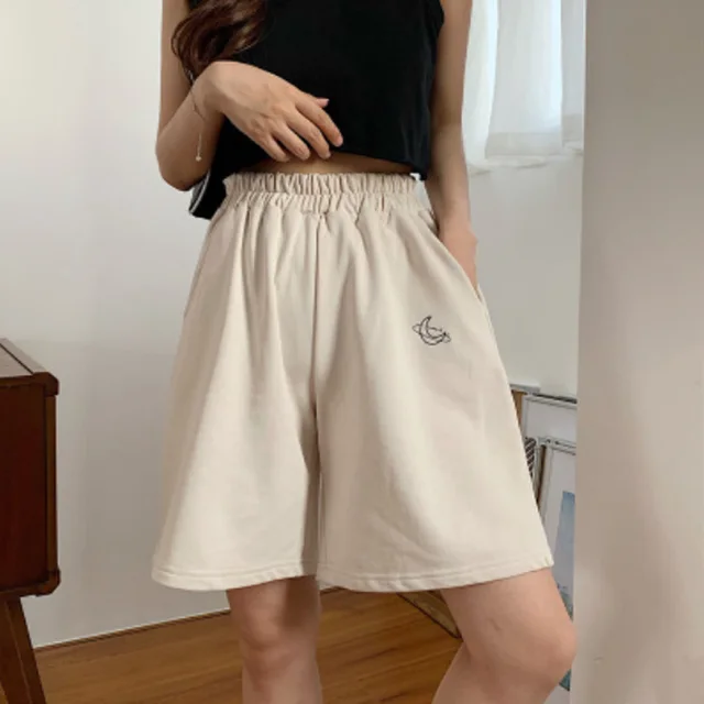 Versatile Ins Embroidered Shorts Women's Summer Korean Large Size Loose Slim Sports Casual Capris Wide Leg Pants Apricot - Shop at LoveMi
