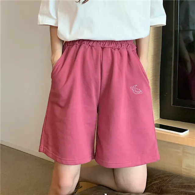 Versatile Ins Embroidered Shorts Women's Summer Korean Large Size Loose Slim Sports Casual Capris Wide Leg Pants Pink - Shop at LoveMi