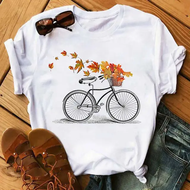 Women's Fun Bicycle And Sunflower Print Short Sleeve T Shirt 2.Style - Shop at LoveMi