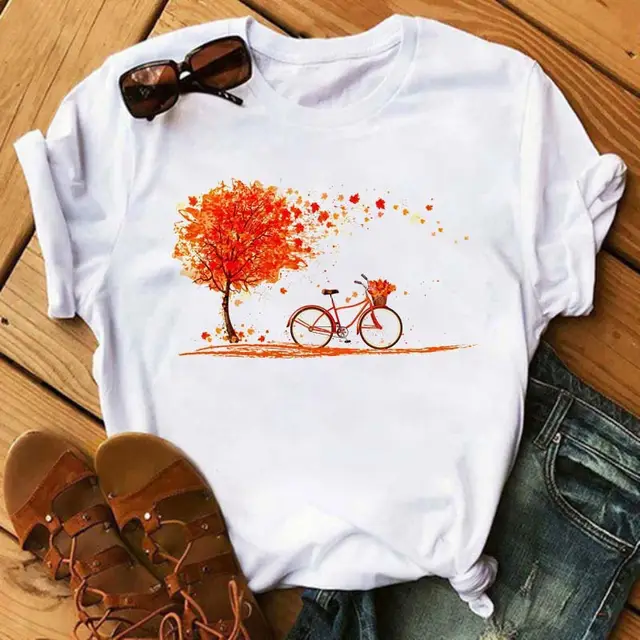 Women's Fun Bicycle And Sunflower Print Short Sleeve T Shirt 5.Style - Shop at LoveMi