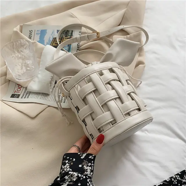 Exquisite Niche Design Bag Female Summer Wild New Trendy Messenger Bag Portable Woven Hollow Bucket Bag Apricot - Shop at LoveMi