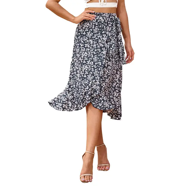 Retro Holiday Irregular Floral Wave Side Lace Up Skirt Black - Shop at LoveMi