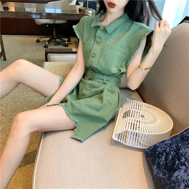 High Waist Washed Frayed Loose Waist Thinner Wide leg Jumpsuit Women's Shorts Fashion Suit Green - Shop at LoveMi