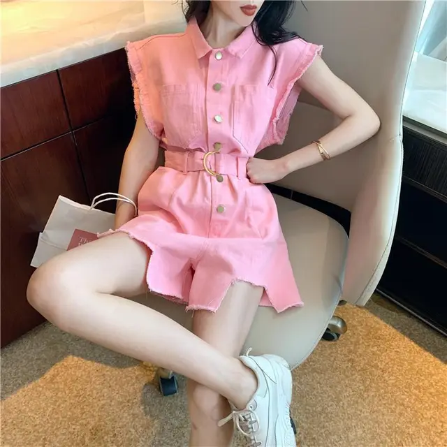 High Waist Washed Frayed Loose Waist Thinner Wide leg Jumpsuit Women's Shorts Fashion Suit Pink - Shop at LoveMi