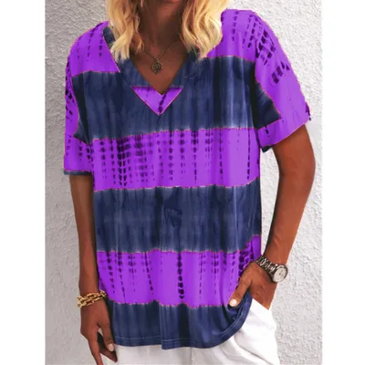 Women's Summer V Neck Tie Dye Printing Short Sleeved T Shirt Plus Size Top Purple - Shop at LoveMi