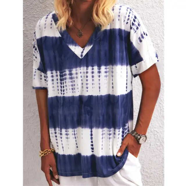 Women's Summer V Neck Tie Dye Printing Short Sleeved T Shirt Plus Size Top White - Shop at LoveMi