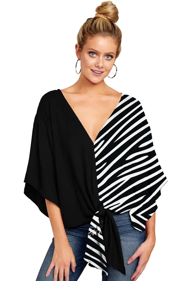 New V Neck Blouse Women Leopard Print Shirts Floral Tie Front Blouses Batwing Summer Oversize Ladies Tops Style H - Shop at LoveMi