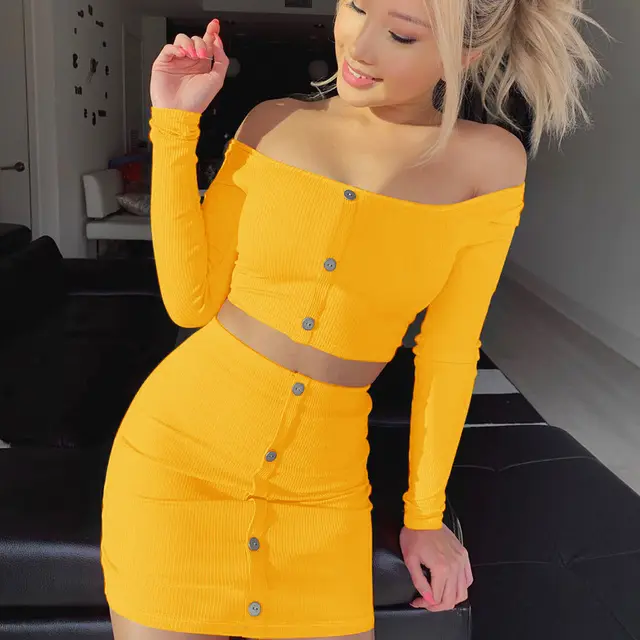 Fashion Trend Woman Sexy Off Shoulder Set Solid Button Bodycon Sets Women Long Sleeve Top And Skirt Summer Autumn Sets Yellow - Shop at LoveMi
