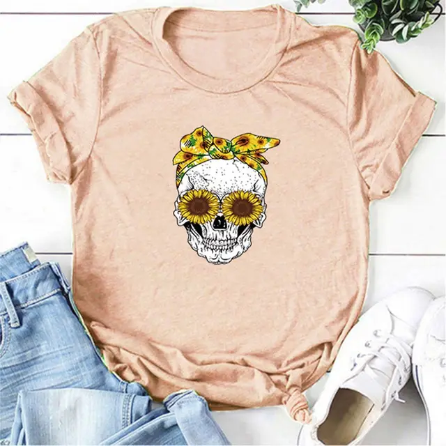 Bandana Sunflower Sunglasses Skull Print Short Sleeve T shirt Pink - Shop at LoveMi